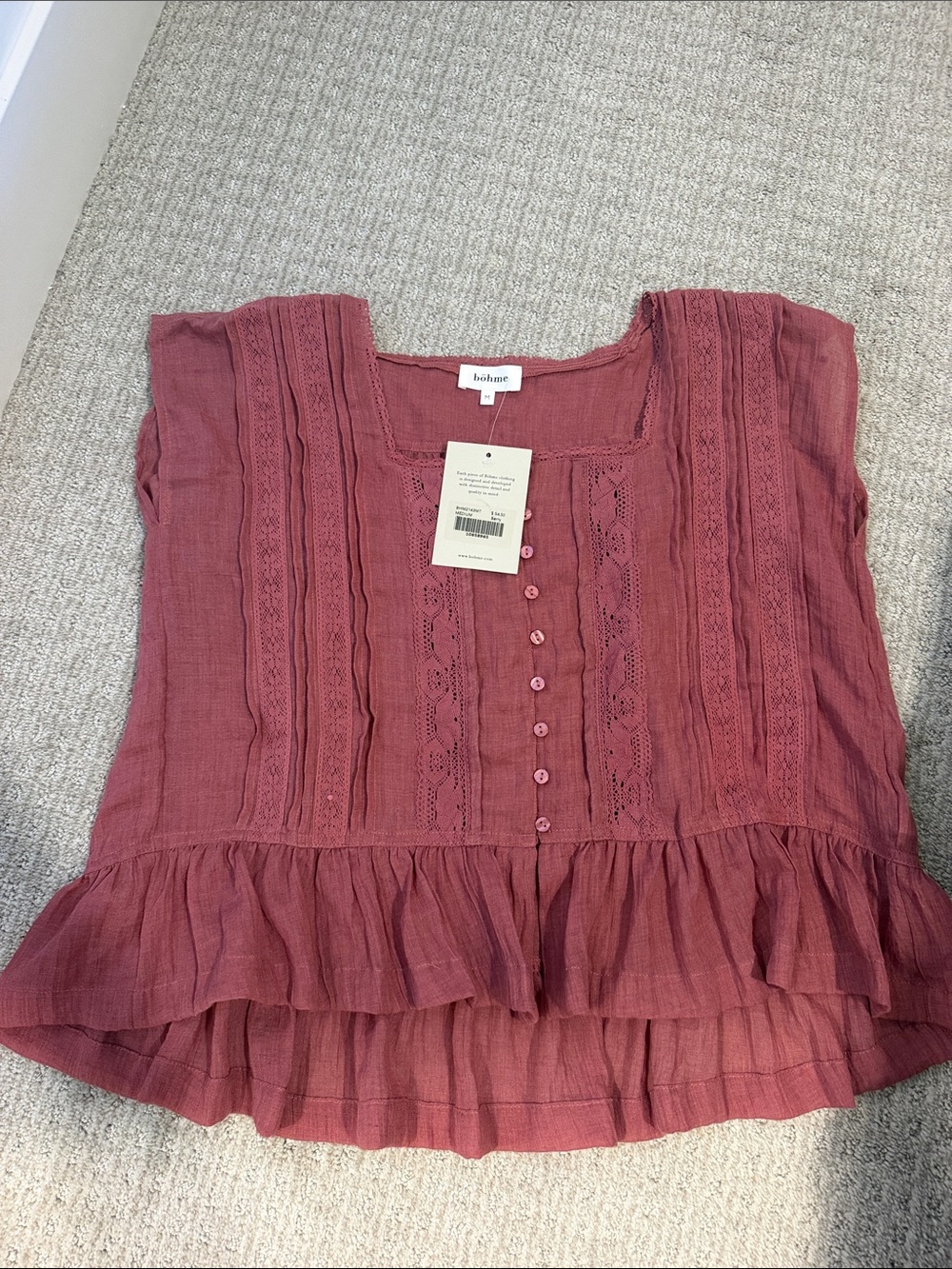 bohme dusty rose lace-trim button-front ruffle blouse